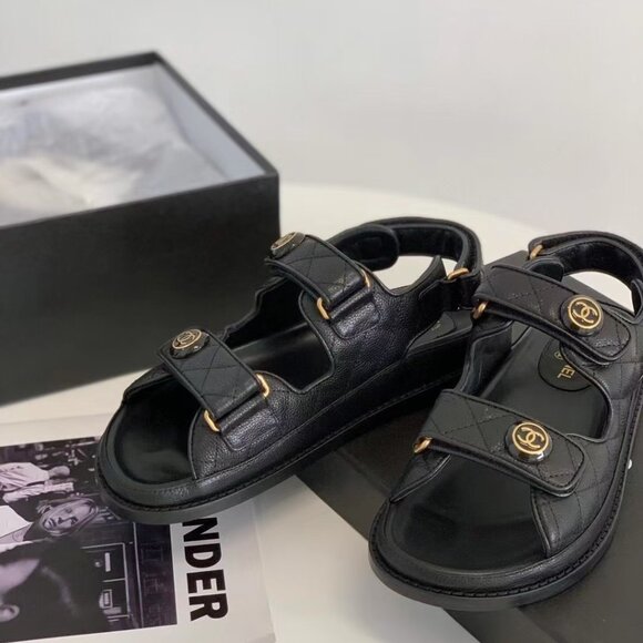 Black Caviar Dad Sandal Gold CC Logo Mule Slide Flat - Picture 3 of 8